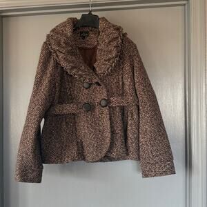 Vintage Kaity Brown Tweed Double Breasted Belted Ruffled Neck Peacoat sz M